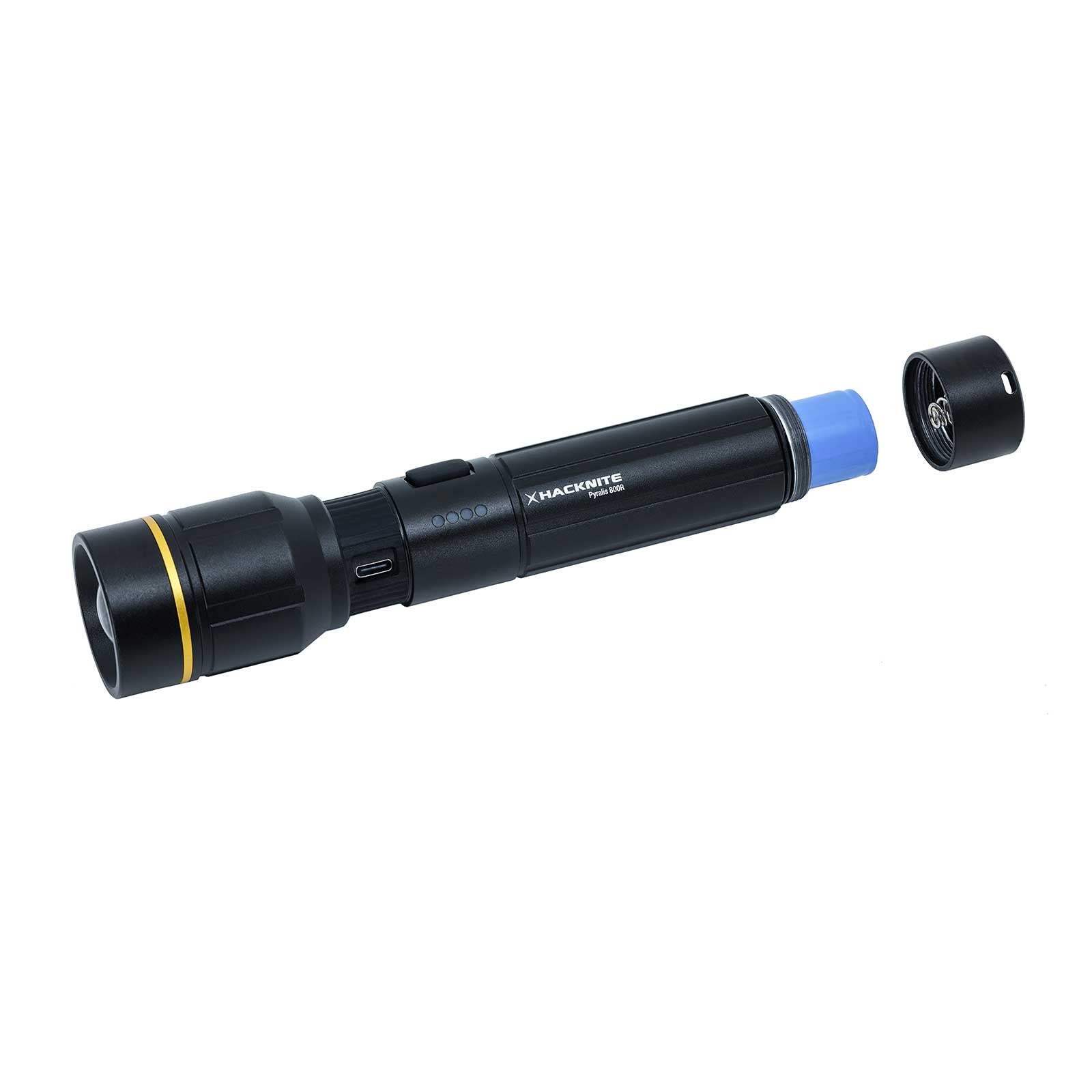 Vue horizontale sur la lampe torche Pyralis 800R, avec le compartiment de la batterie ouvert.