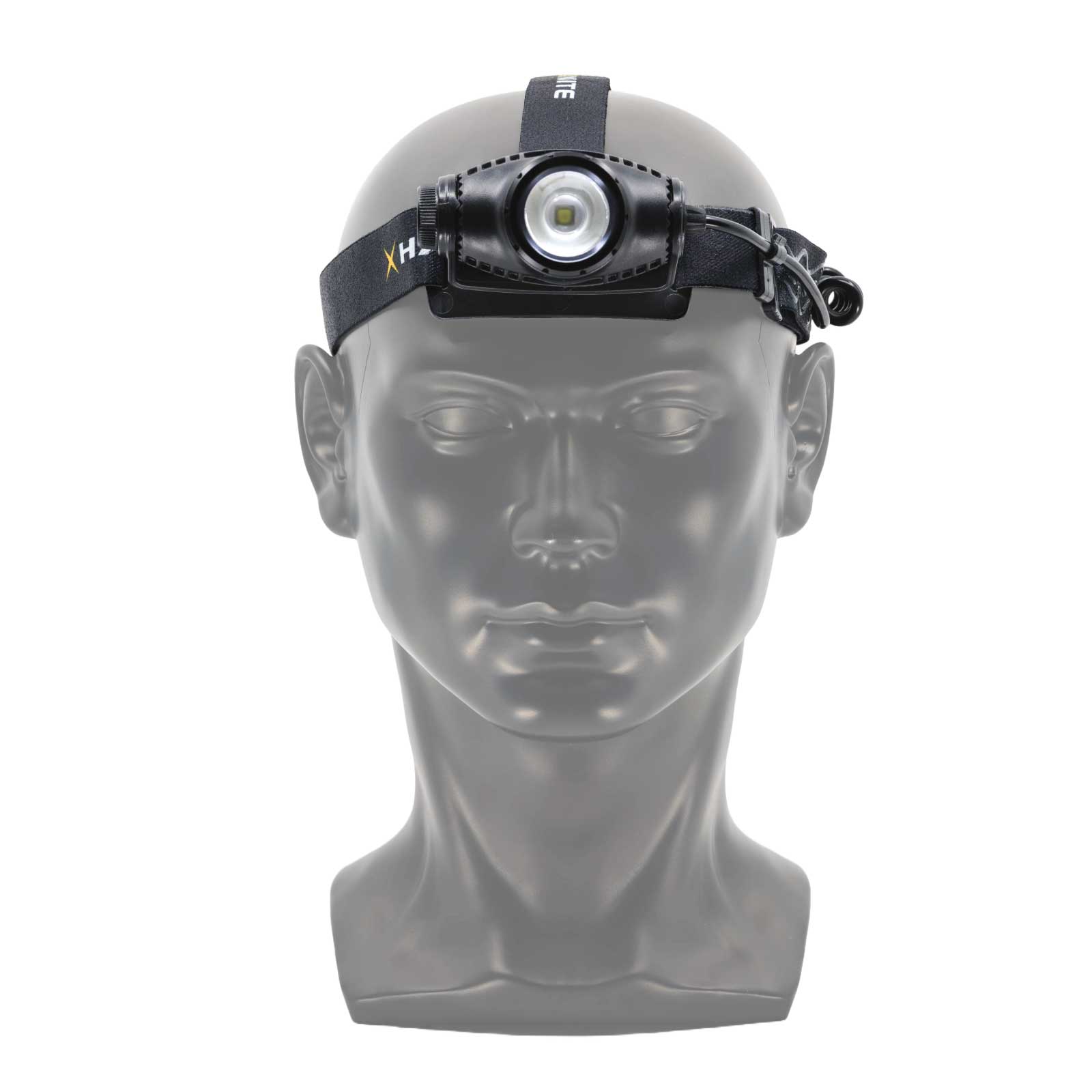 Vue de face de la lampe frontale Photoris 500H, sur une tête en plastique.