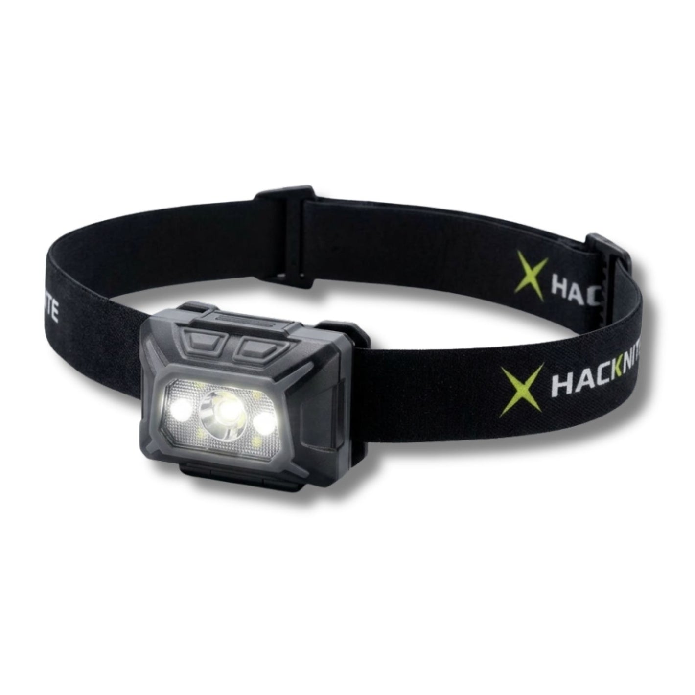 Lampe frontale Hacknite avec éclairage LED allumé montrant la puissance lumineuse