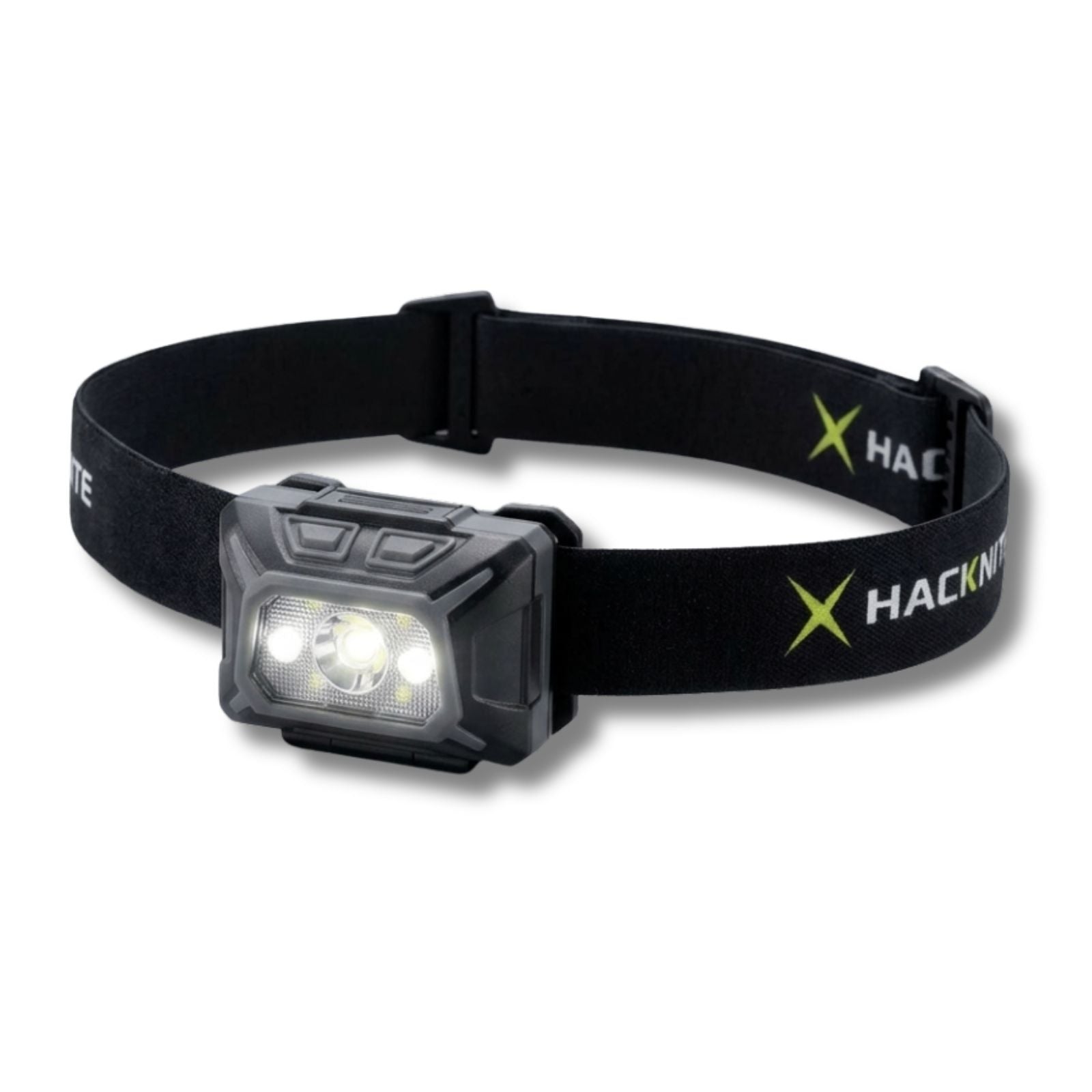 Lampe frontale Hacknite avec éclairage LED allumé montrant la puissance lumineuse