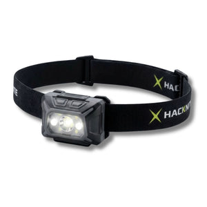 Lampe frontale Hacknite avec éclairage LED allumé montrant la puissance lumineuse