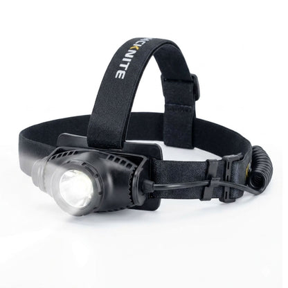 Lampe frontale LED avec batterie déportée à l’arrière et câble d’alimentation visible